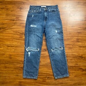Sagaco Women's Medium Blue High Waist Distressed Straight Leg Mom Jeans Size 2